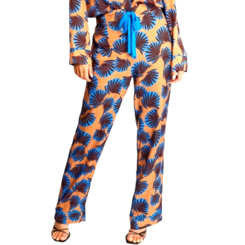 Diane Von Furstenberg Wide-Leg FLOWY PANTS with Blue /Black/ Fan Print on Camel